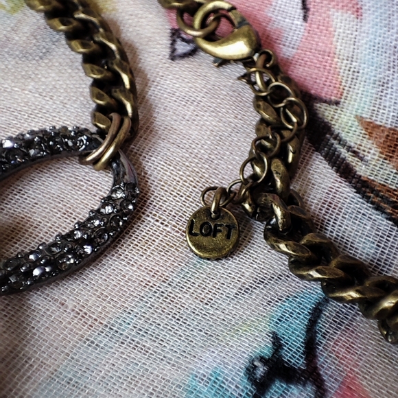 Dark Brass Antiqued Pave Dark Grey Smoke Rhinestones Link Chain Necklace LOFT - Picture 6 of 8